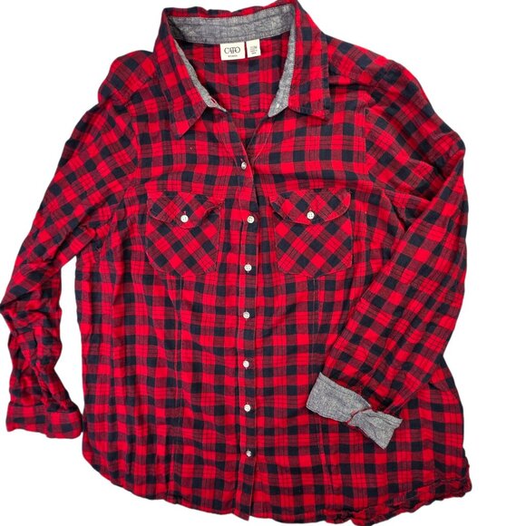 Cato Shirt Woman Plus 22-24W Red Black Plaid Contrasting Gray Trim Casual Layer - Picture 1 of 12